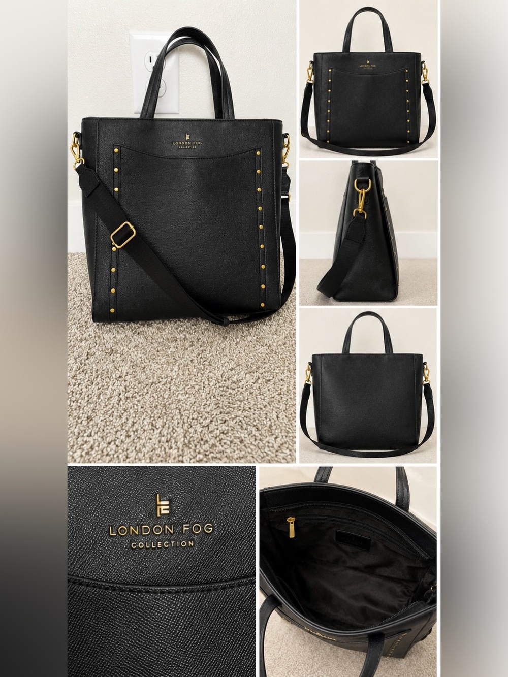 London Fog Black Tote with Gold Stud Details